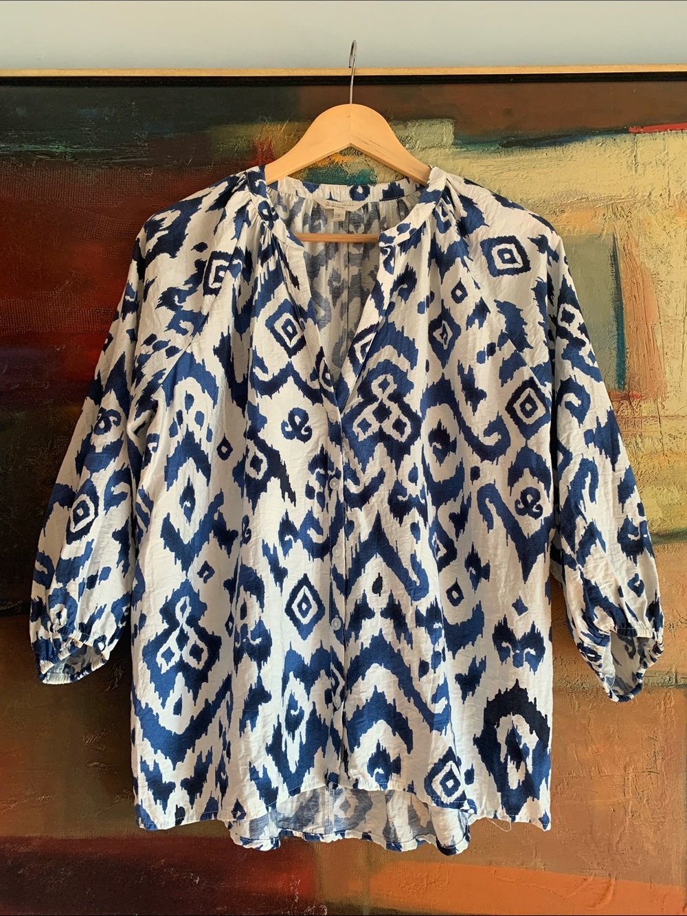 Blue Ikat High-Low Viscose Blouse, Sz S